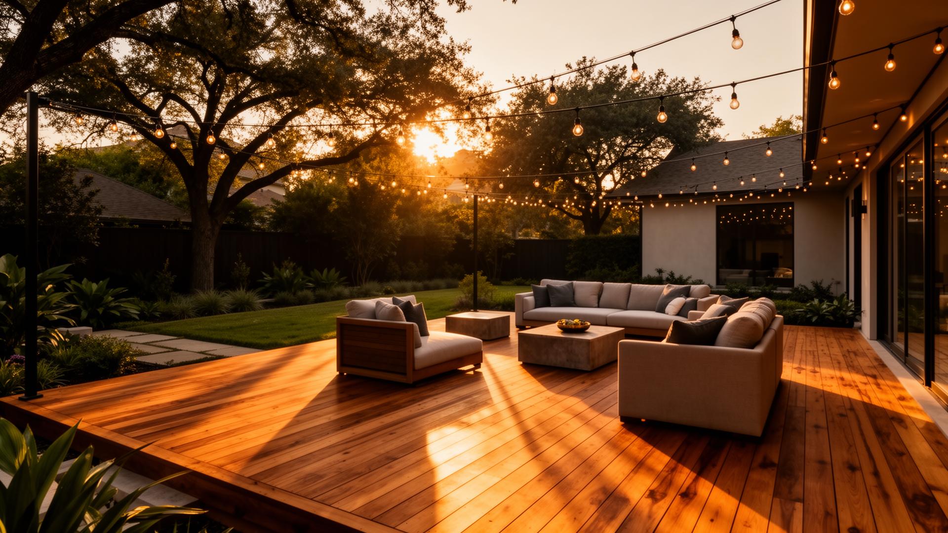 Custom outdoor deck at sunset in Texas